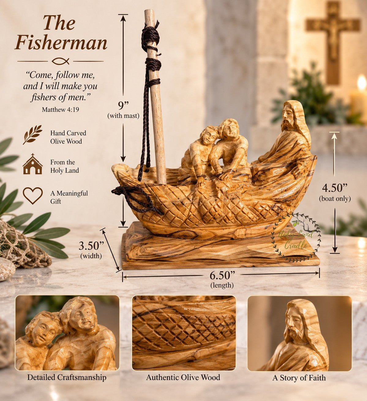 Masterfully Carved Olive Wood Fishers of Men — Jesus and the Fishermen - Holy Land Cradle