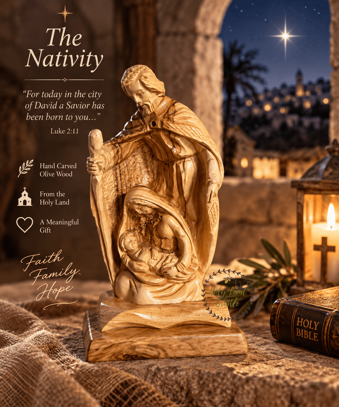 Hand-Carved Olive Wood Holy Family Nativity — A Savior Is Born - Holy Land Cradle