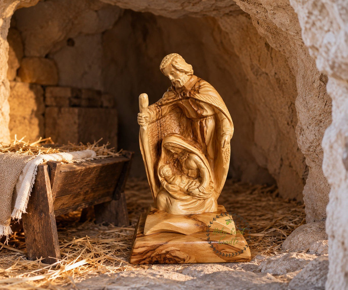 Hand-Carved Olive Wood Holy Family Nativity — A Savior Is Born - Holy Land Cradle