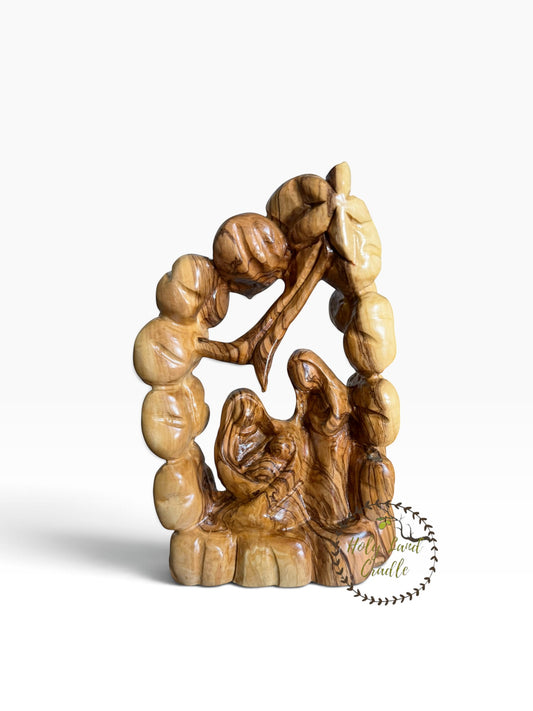 Olive Wood Holy Family Nativity with Floral Arch - Holy Land Cradle