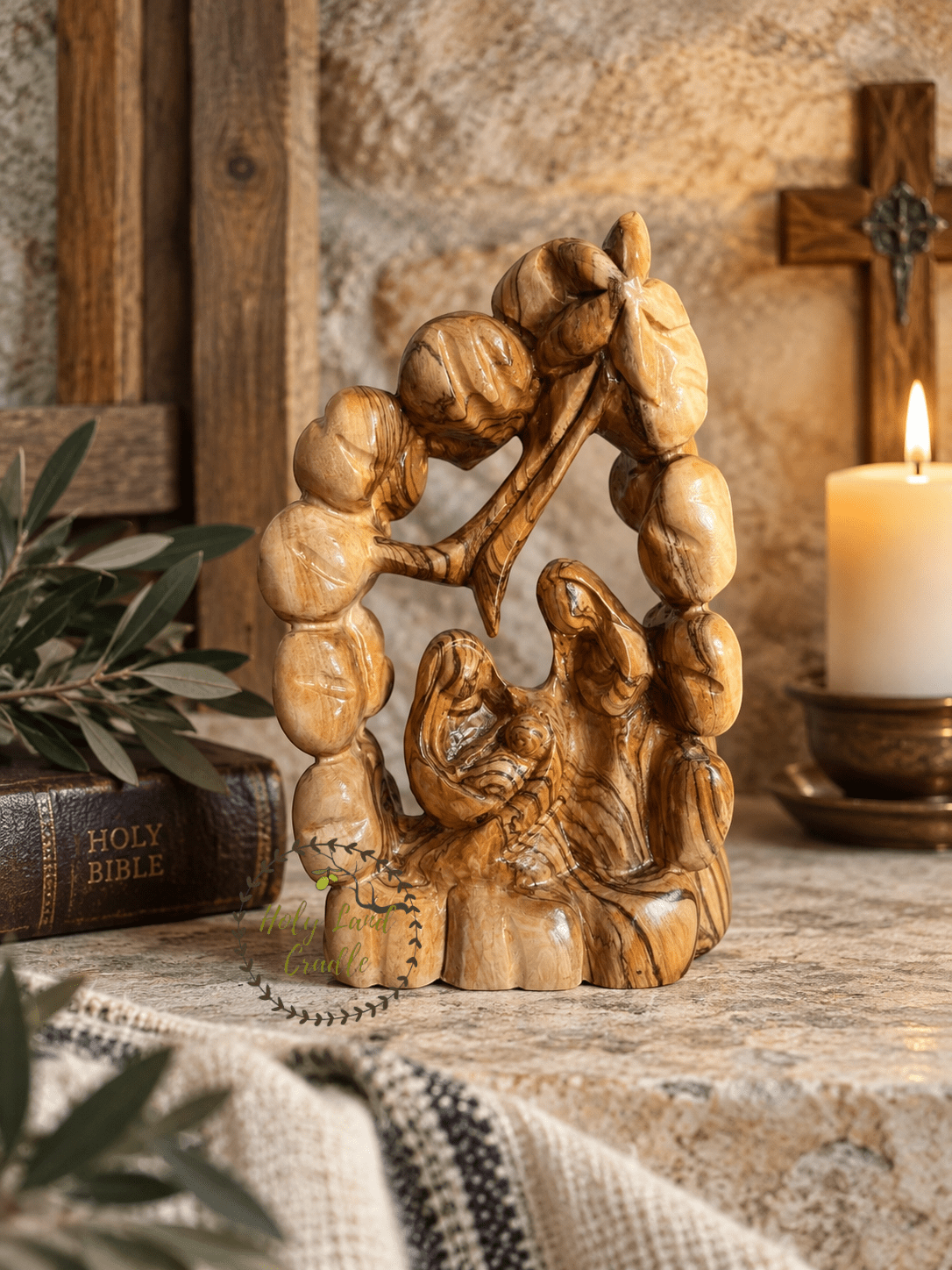 Olive Wood Holy Family Nativity with Floral Arch - Holy Land Cradle