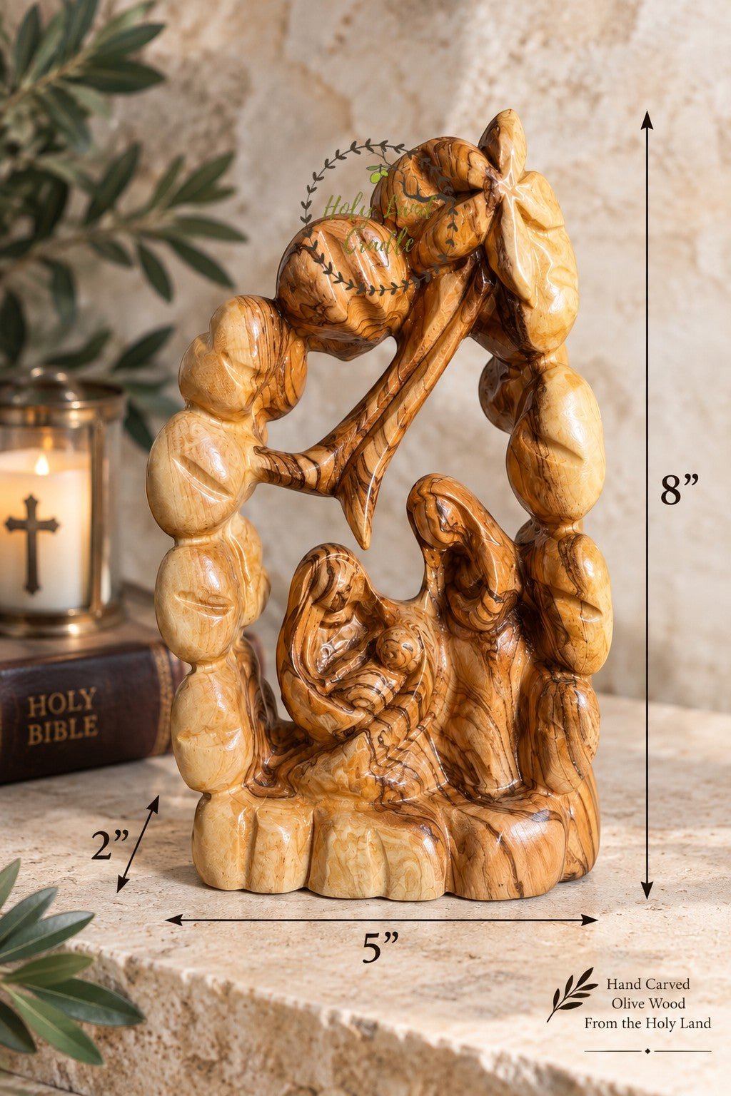 Olive Wood Holy Family Nativity with Floral Arch - Holy Land Cradle