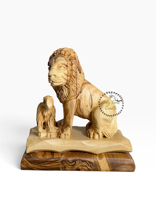 Olive Wood Standing Lion and Lamb Statue — Fine Carved - Holy Land Cradle
