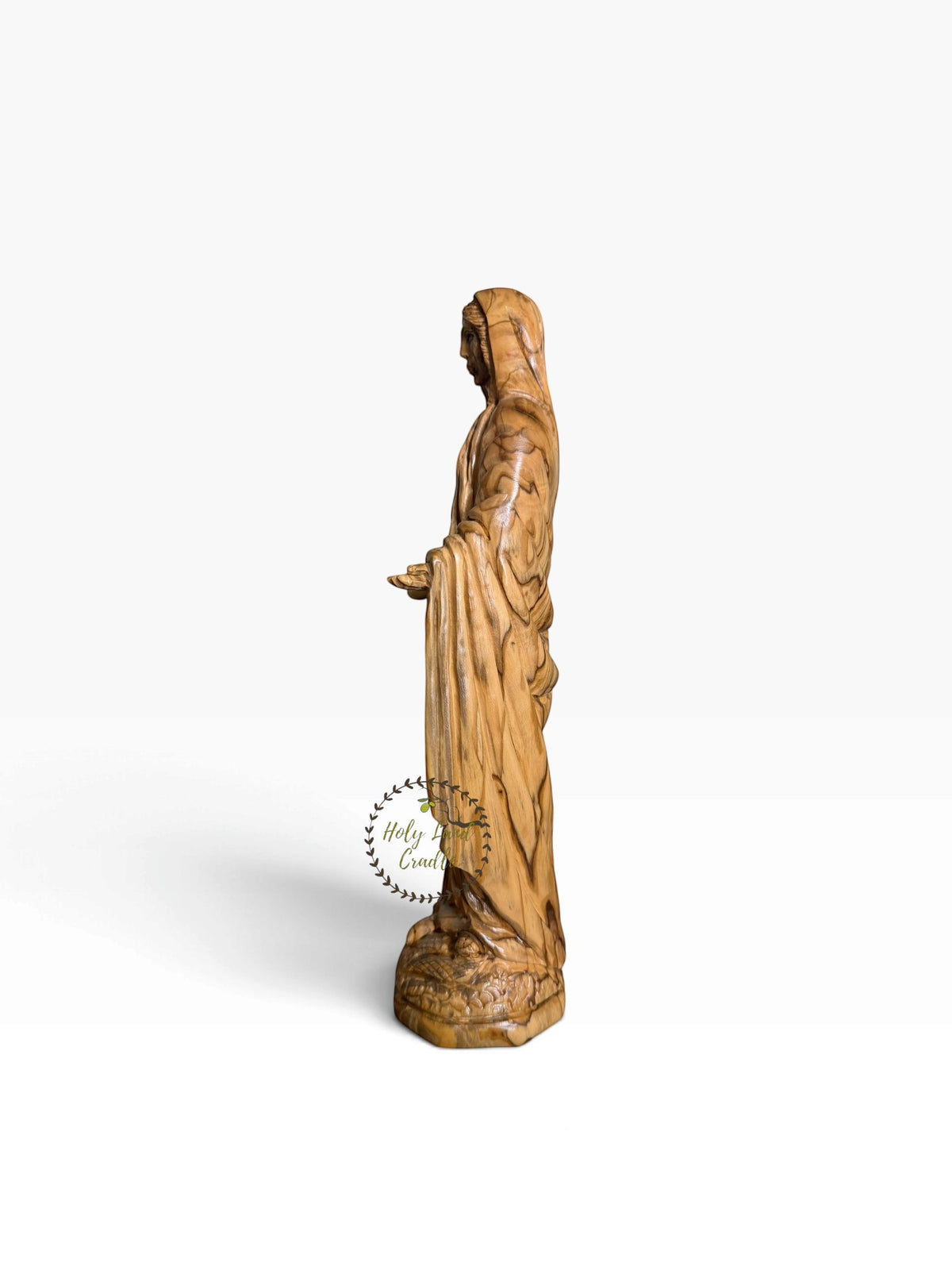 Hand-Carved Olive Wood Virgin Mary with Open Hands - Holy Land Cradle