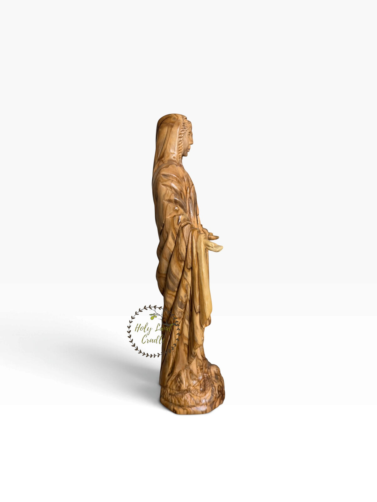 Hand-Carved Olive Wood Virgin Mary with Open Hands - Holy Land Cradle