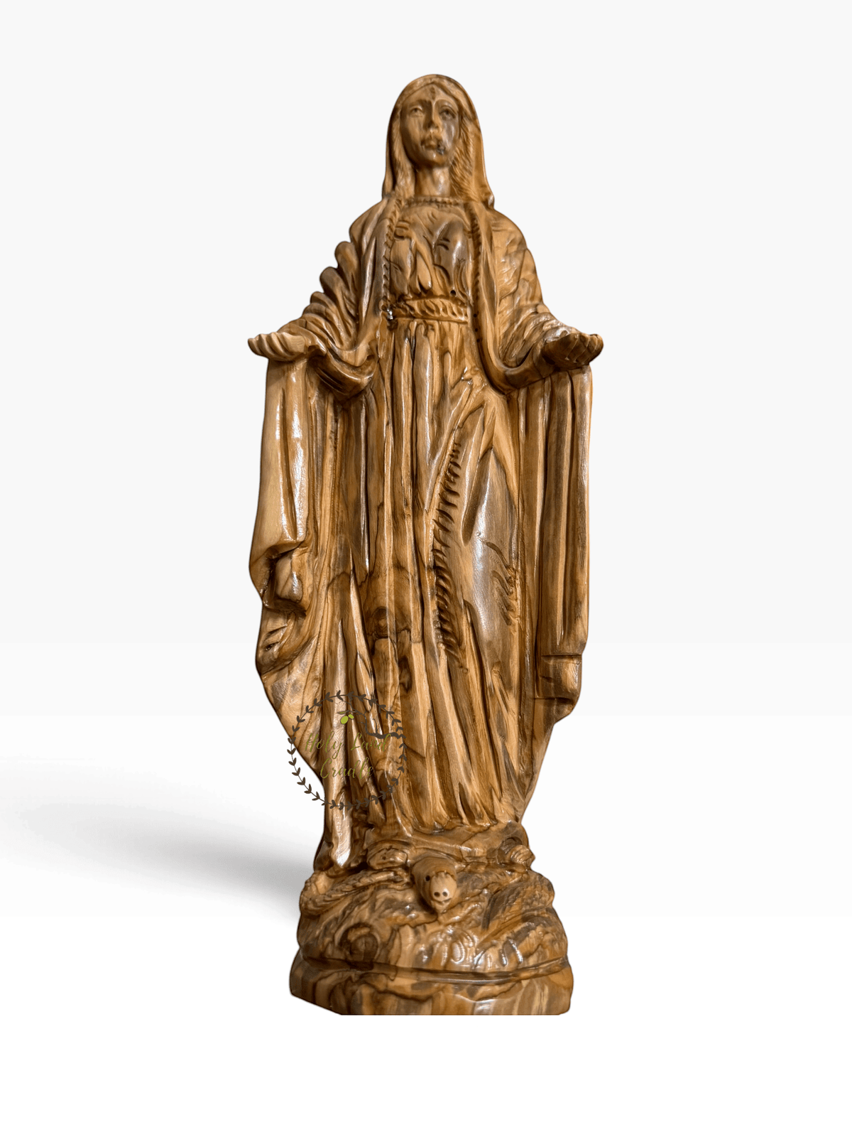 Hand-Carved Olive Wood Virgin Mary with Open Hands - Holy Land Cradle
