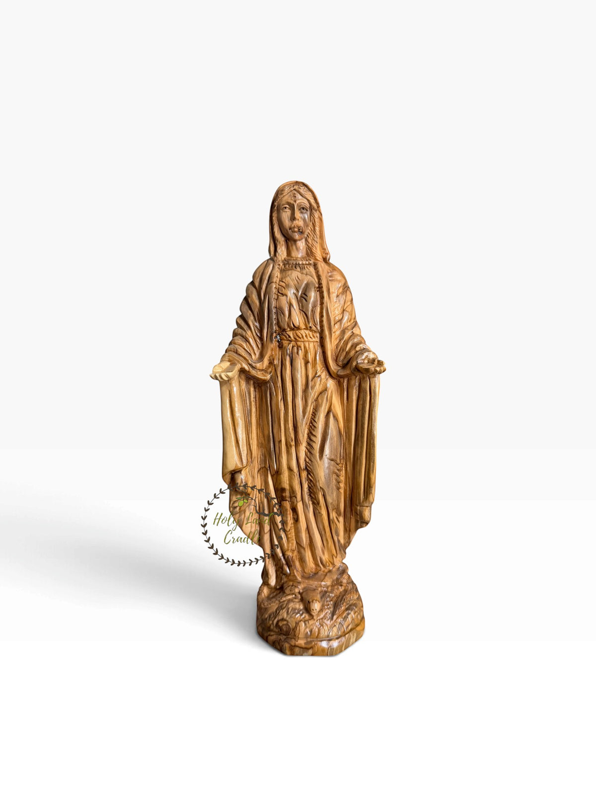 Hand-Carved Olive Wood Virgin Mary with Open Hands - Holy Land Cradle