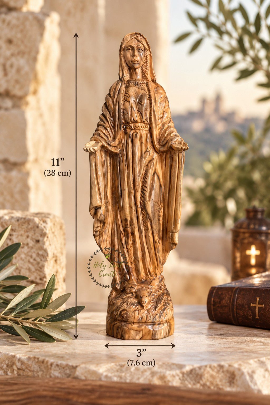 Hand-Carved Olive Wood Virgin Mary with Open Hands - Holy Land Cradle