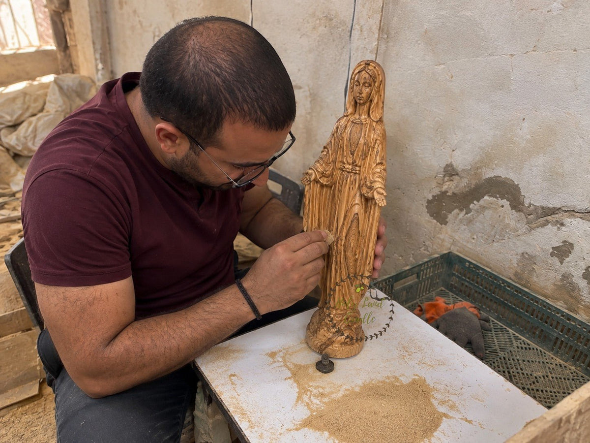 Hand-Carved Olive Wood Virgin Mary with Open Hands - Holy Land Cradle