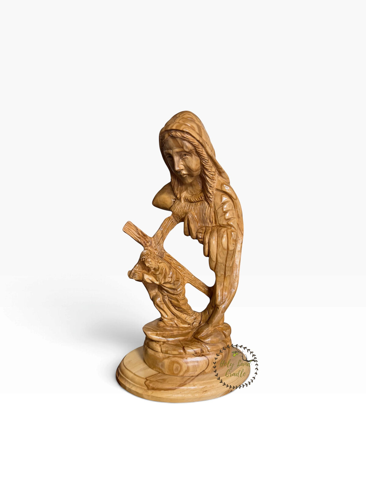 Hand-Carved Olive Wood Our Lady of Sorrows with Jesus Carrying the Cross - Holy Land Cradle
