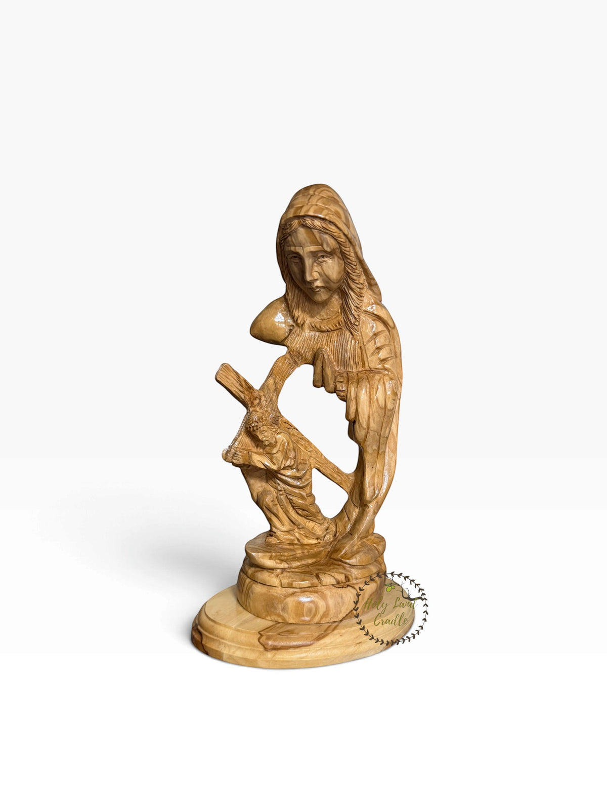 Hand-Carved Olive Wood Our Lady of Sorrows with Jesus Carrying the Cross - Holy Land Cradle