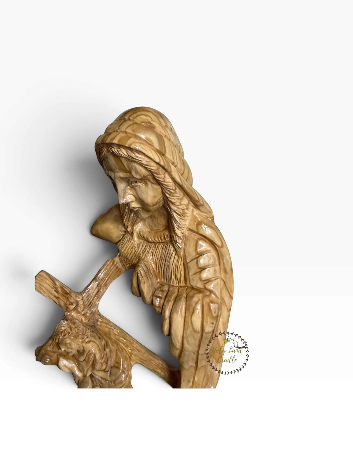 Hand-Carved Olive Wood Our Lady of Sorrows with Jesus Carrying the Cross - Holy Land Cradle
