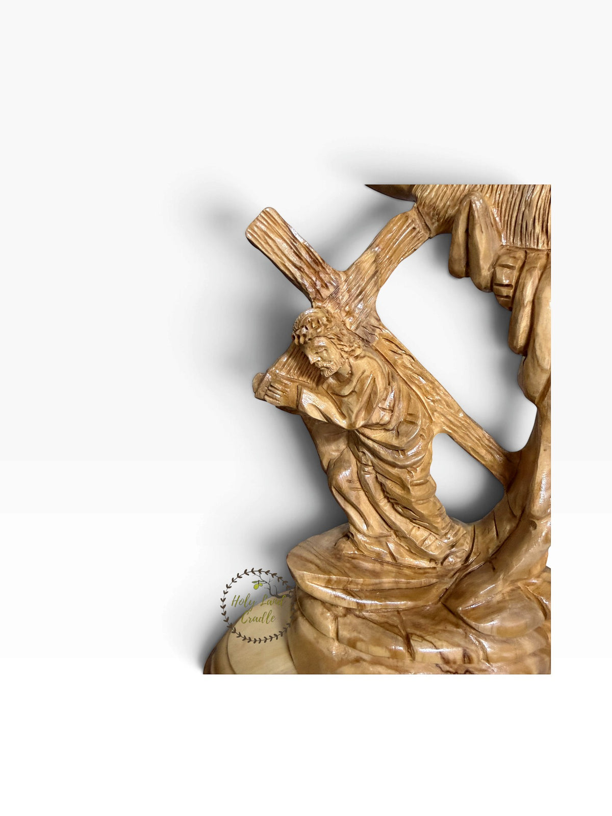 Hand-Carved Olive Wood Our Lady of Sorrows with Jesus Carrying the Cross - Holy Land Cradle