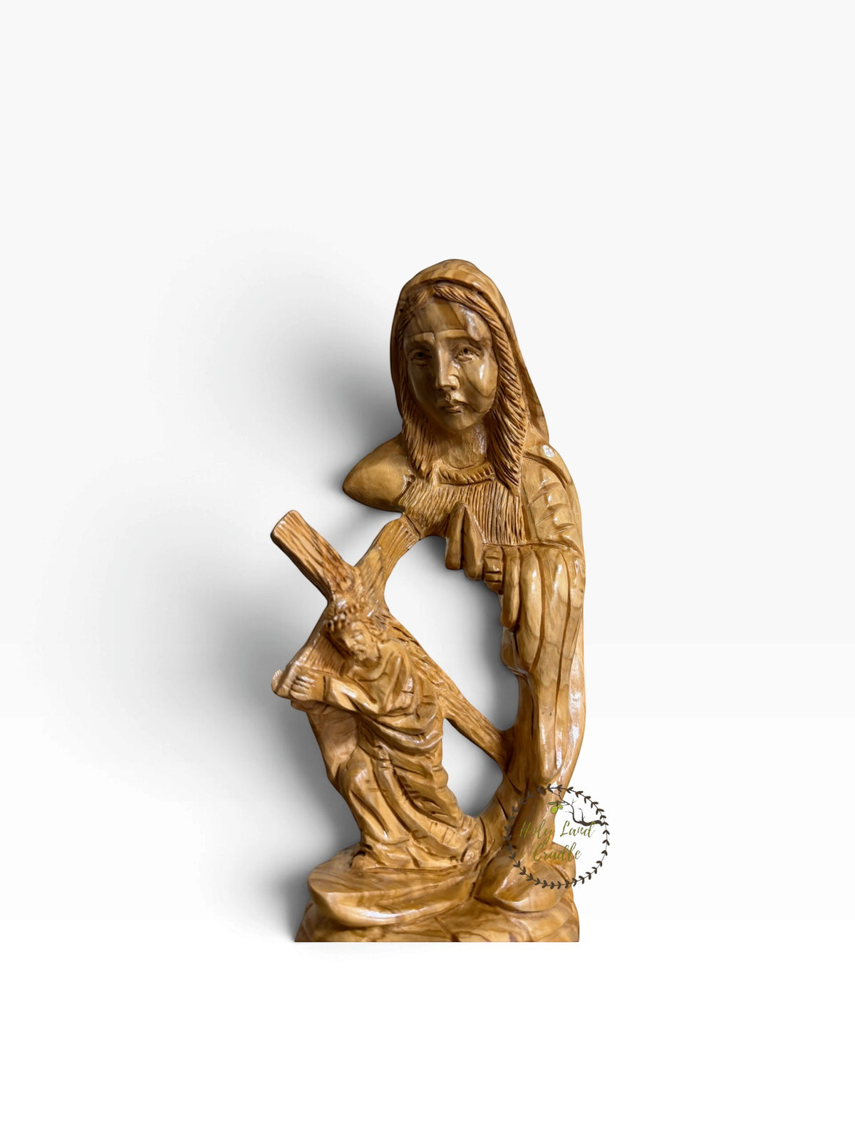 Hand-Carved Olive Wood Our Lady of Sorrows with Jesus Carrying the Cross - Holy Land Cradle