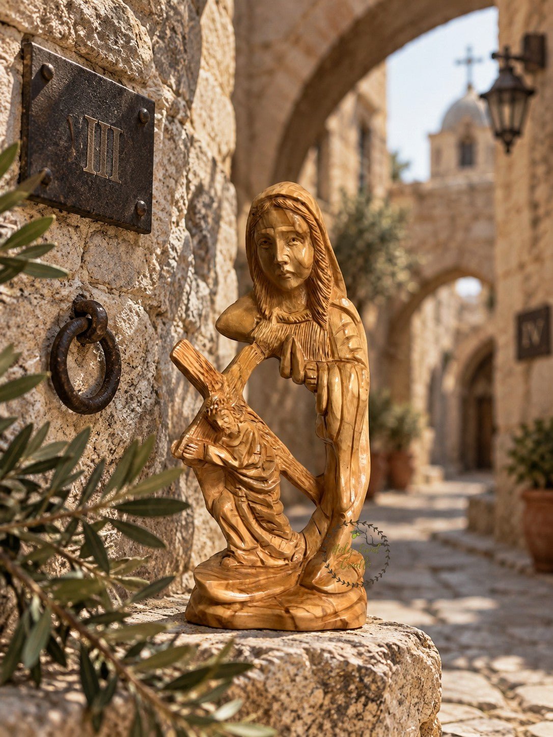 Hand-Carved Olive Wood Our Lady of Sorrows with Jesus Carrying the Cross - Holy Land Cradle