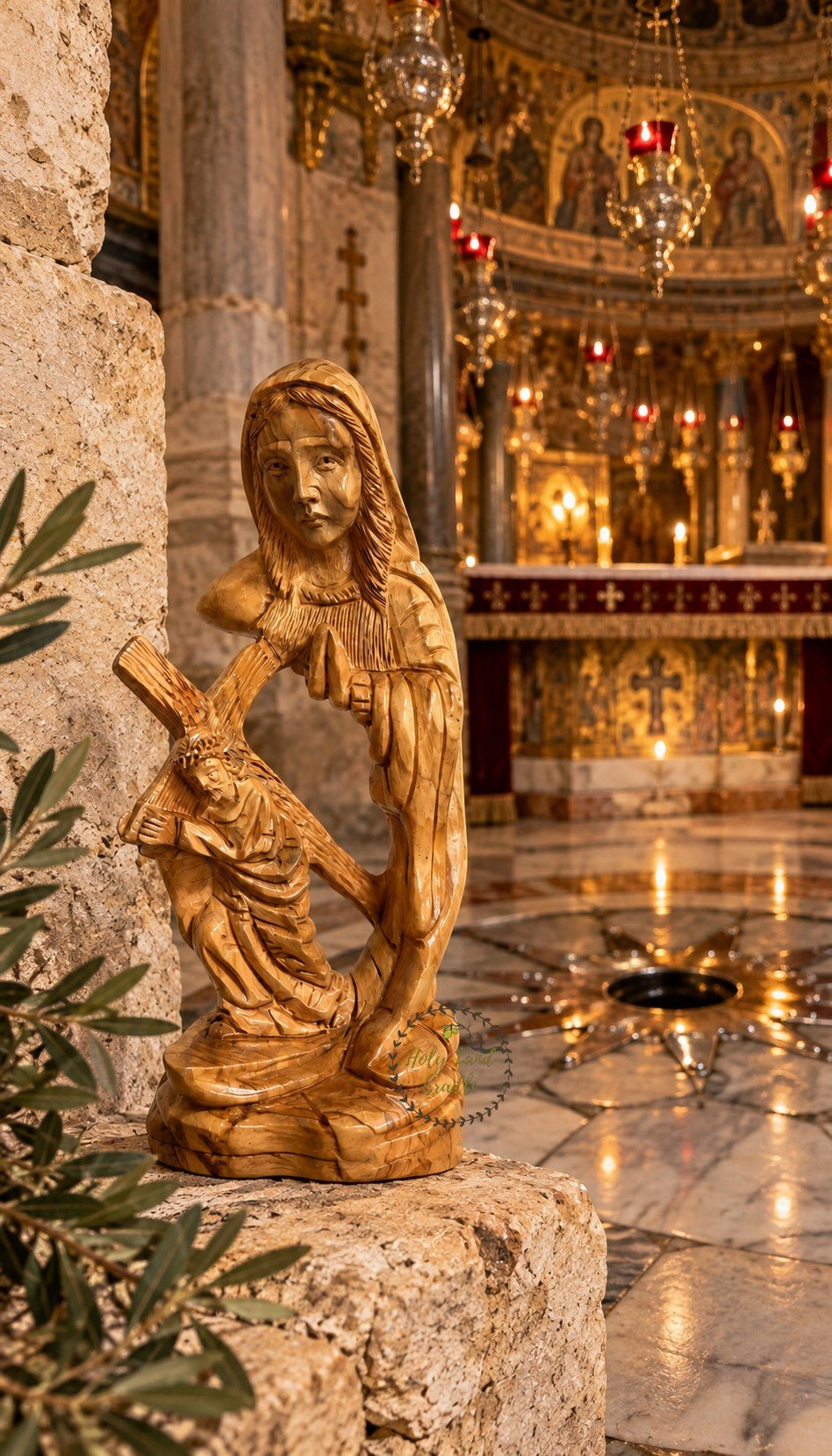 Hand-Carved Olive Wood Our Lady of Sorrows with Jesus Carrying the Cross - Holy Land Cradle