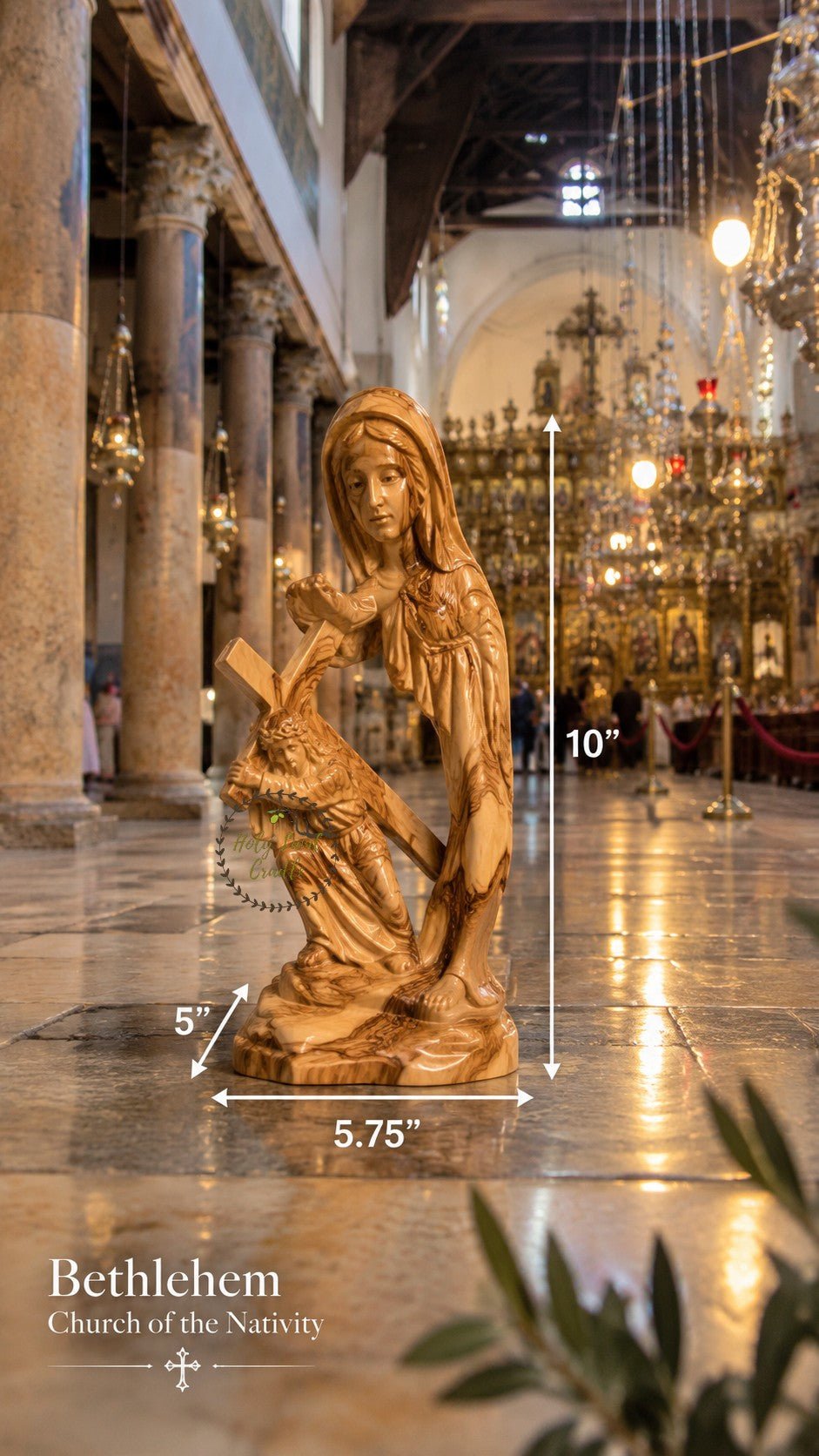 Hand-Carved Olive Wood Our Lady of Sorrows with Jesus Carrying the Cross - Holy Land Cradle