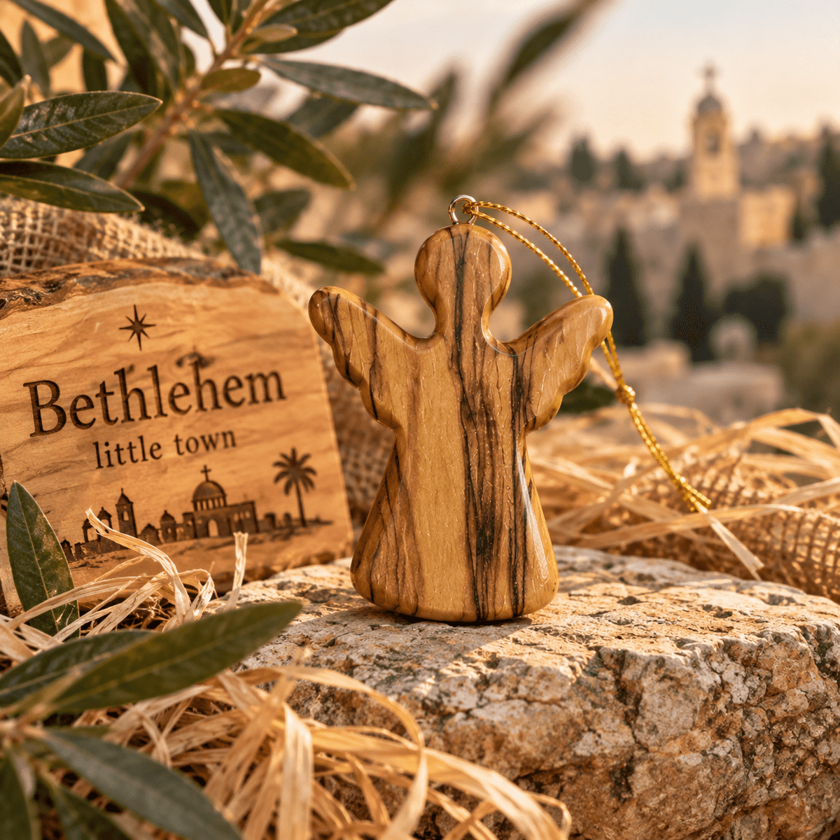 Olive Wood Angel Ornament - Holy Land Cradle