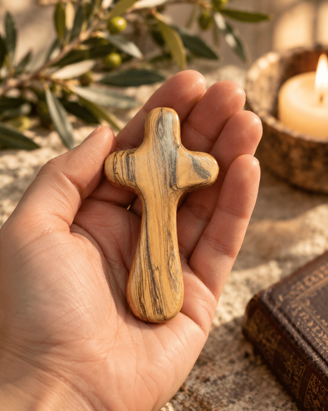 Olive Wood Comfort Holding Cross - Holy Land Cradle