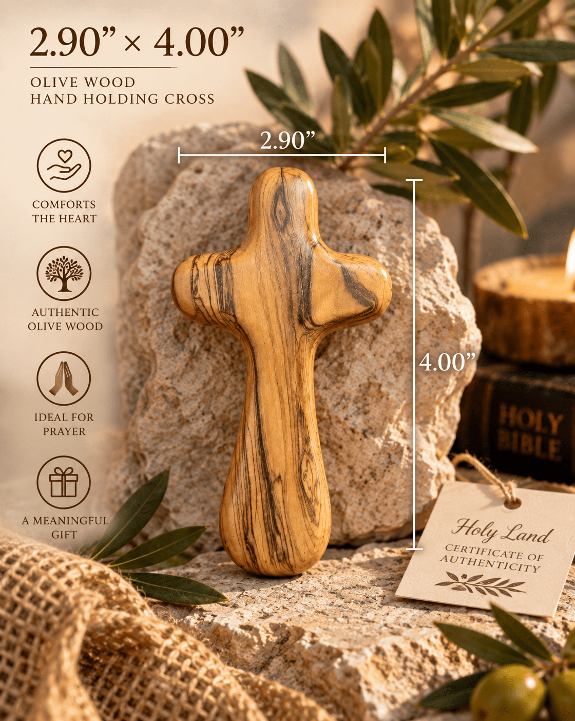 Olive Wood Comfort Holding Cross - Holy Land Cradle