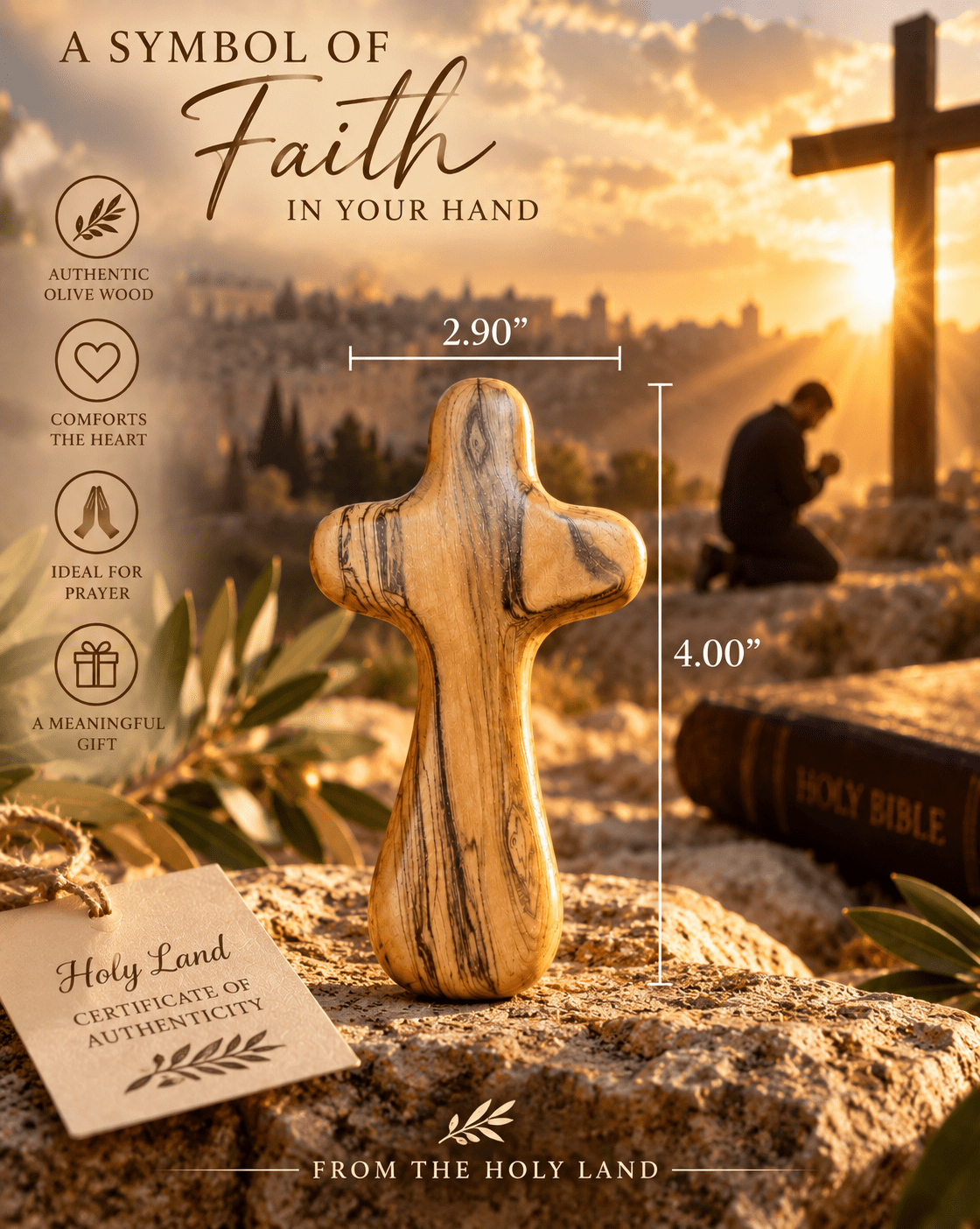 Olive Wood Comfort Holding Cross - Holy Land Cradle