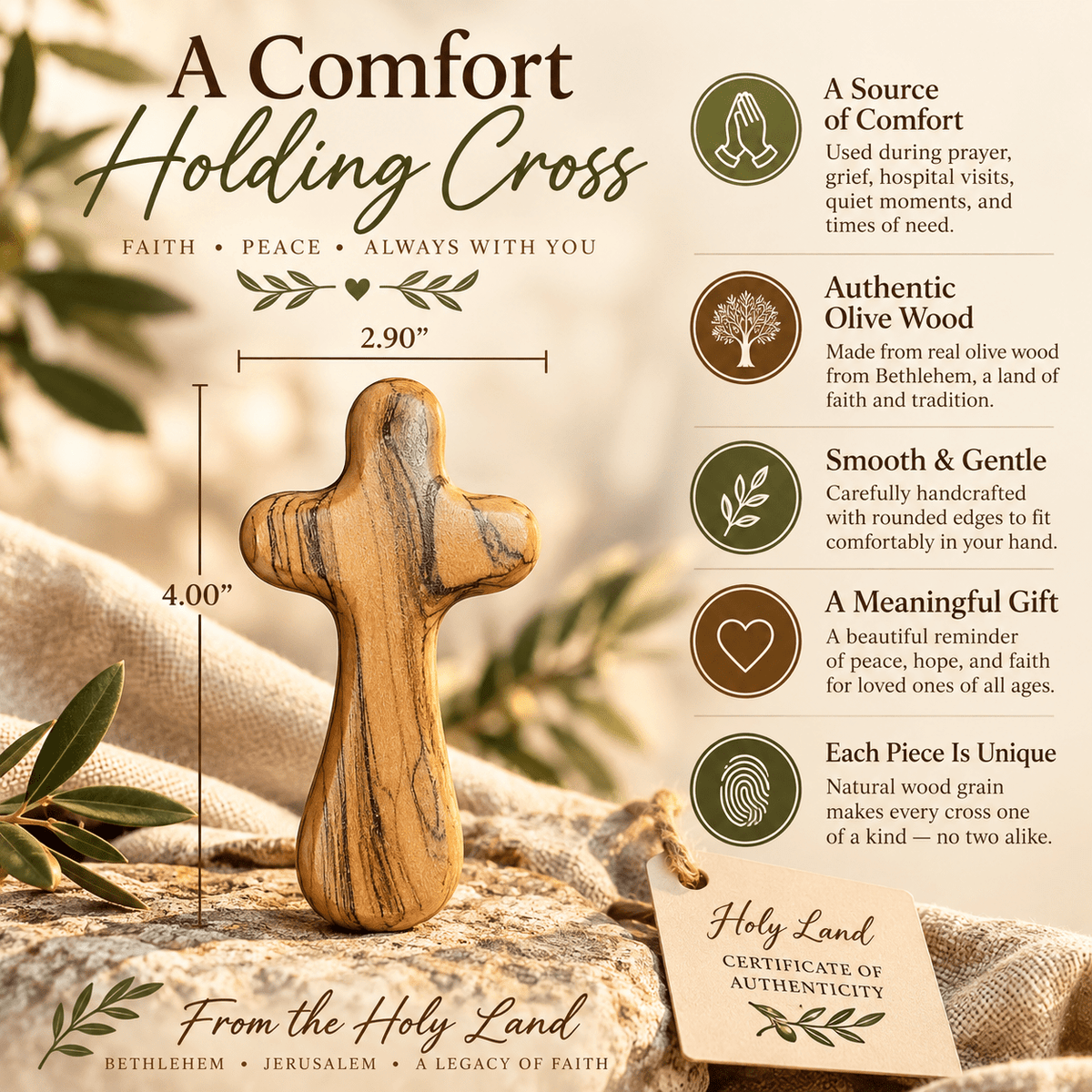 Olive Wood Comfort Holding Cross - Holy Land Cradle