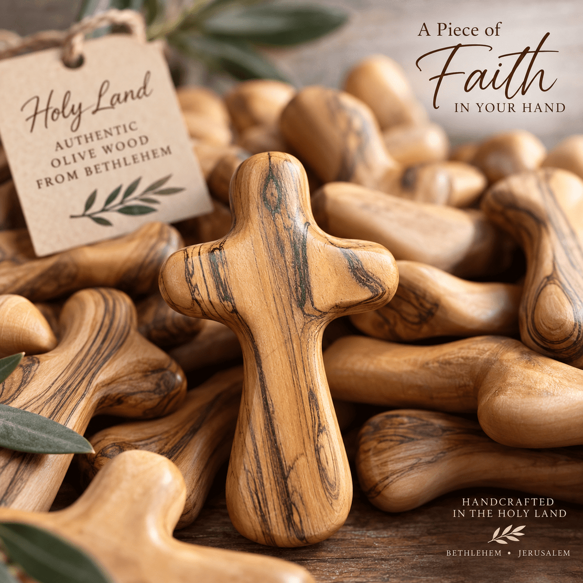 Olive Wood Comfort Holding Cross - Holy Land Cradle