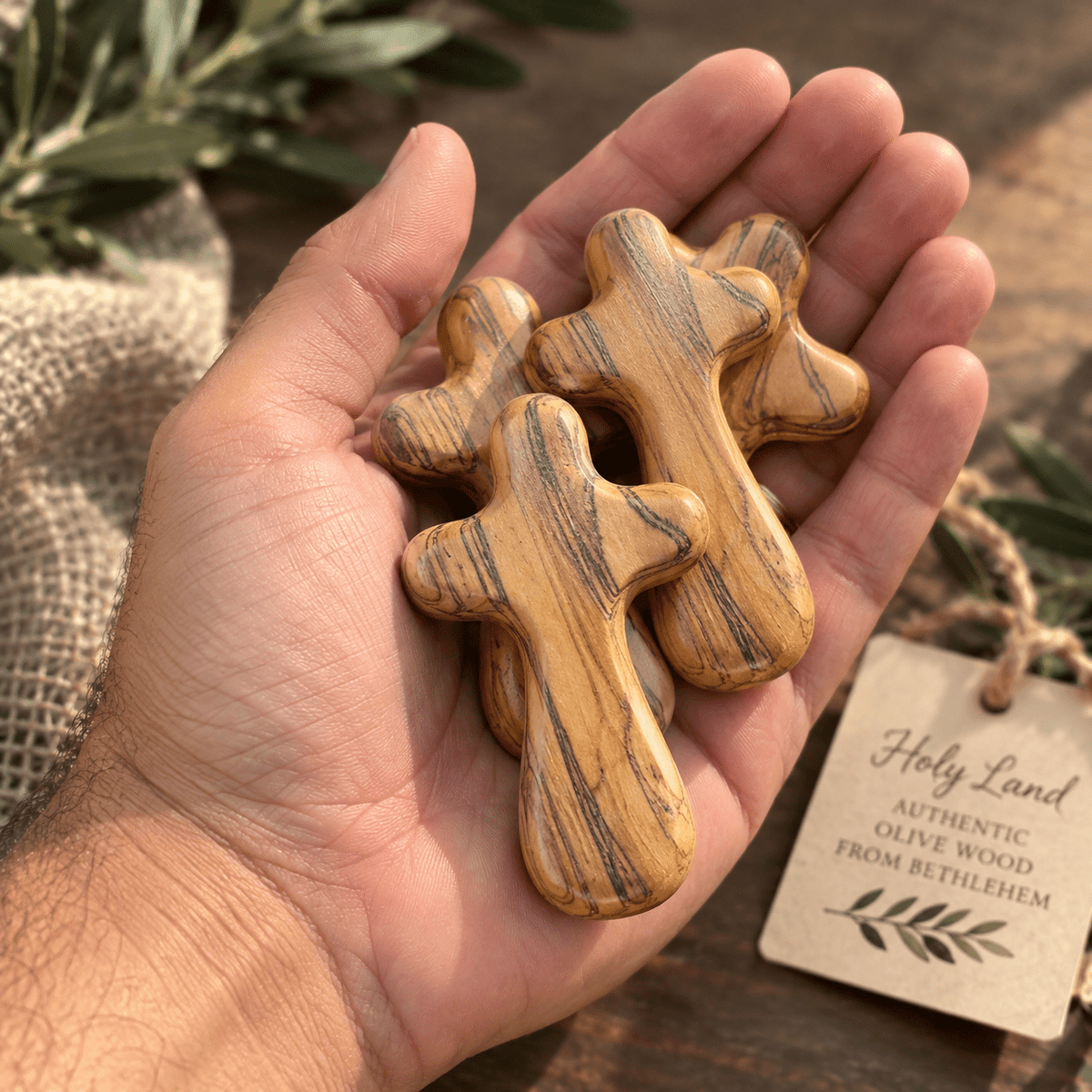 Olive Wood Comfort Holding Cross - Holy Land Cradle