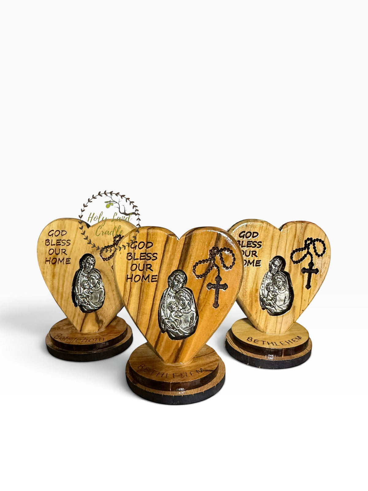 Olive Wood Heart - God Bless Our Home with Silver Holy Land Icon