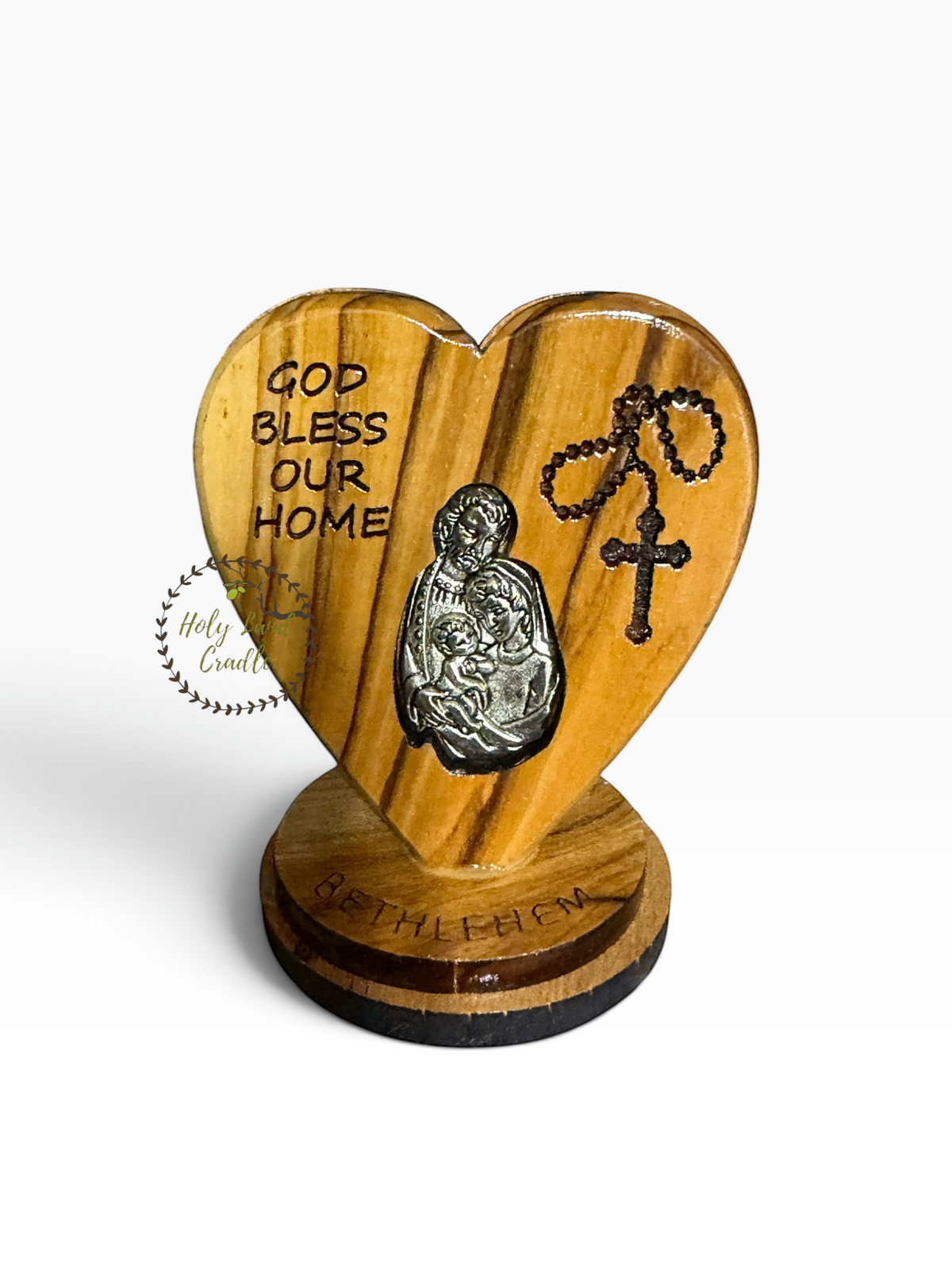 Olive Wood Heart - God Bless Our Home with Silver Holy Land Icon