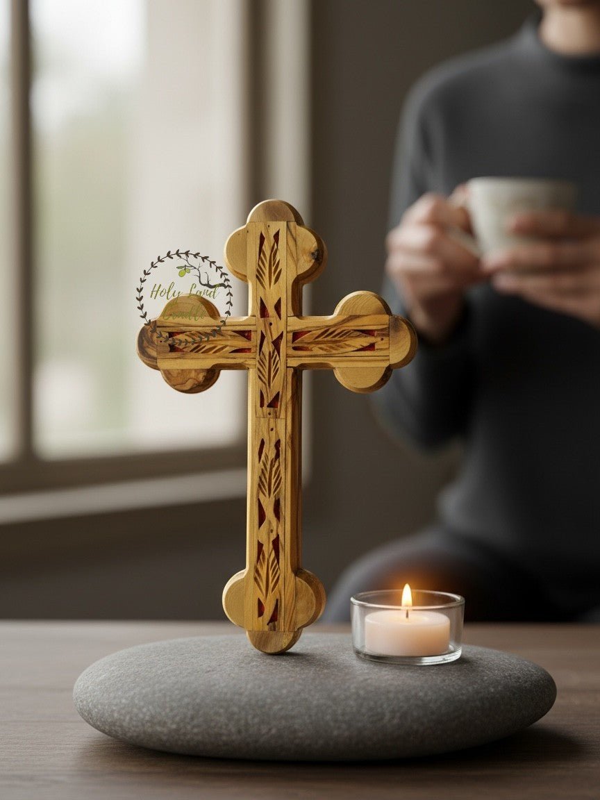 Olive Wood Double Cross with Red Insert and Leaf Carving - Holy Land Cradle