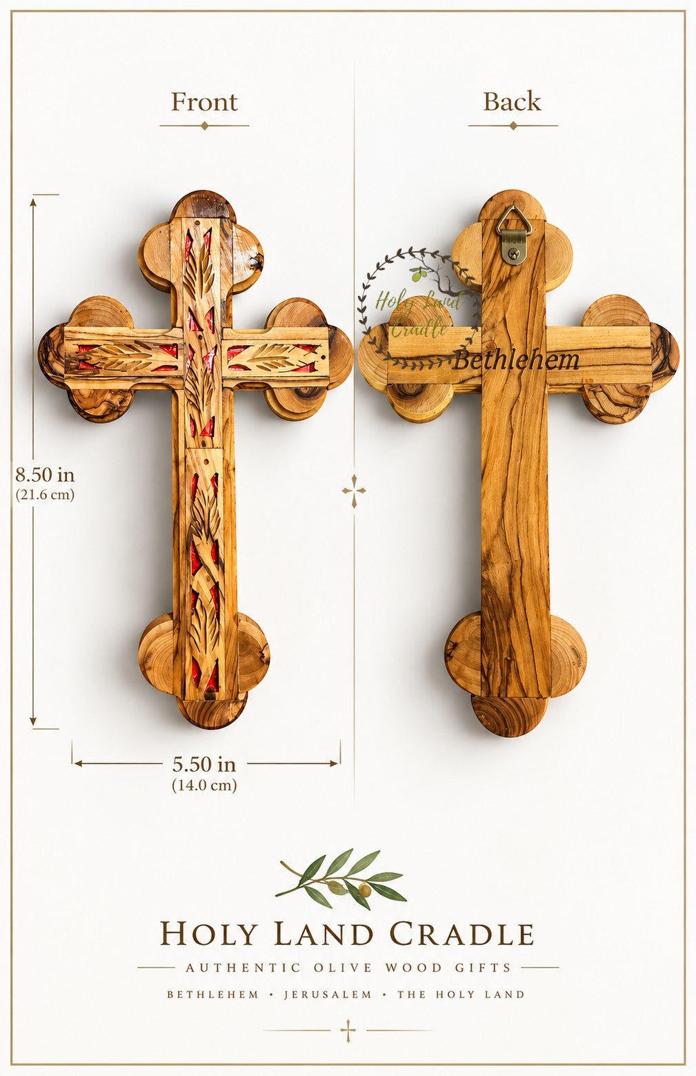 Olive Wood Double Cross with Red Insert and Leaf Carving - Holy Land Cradle