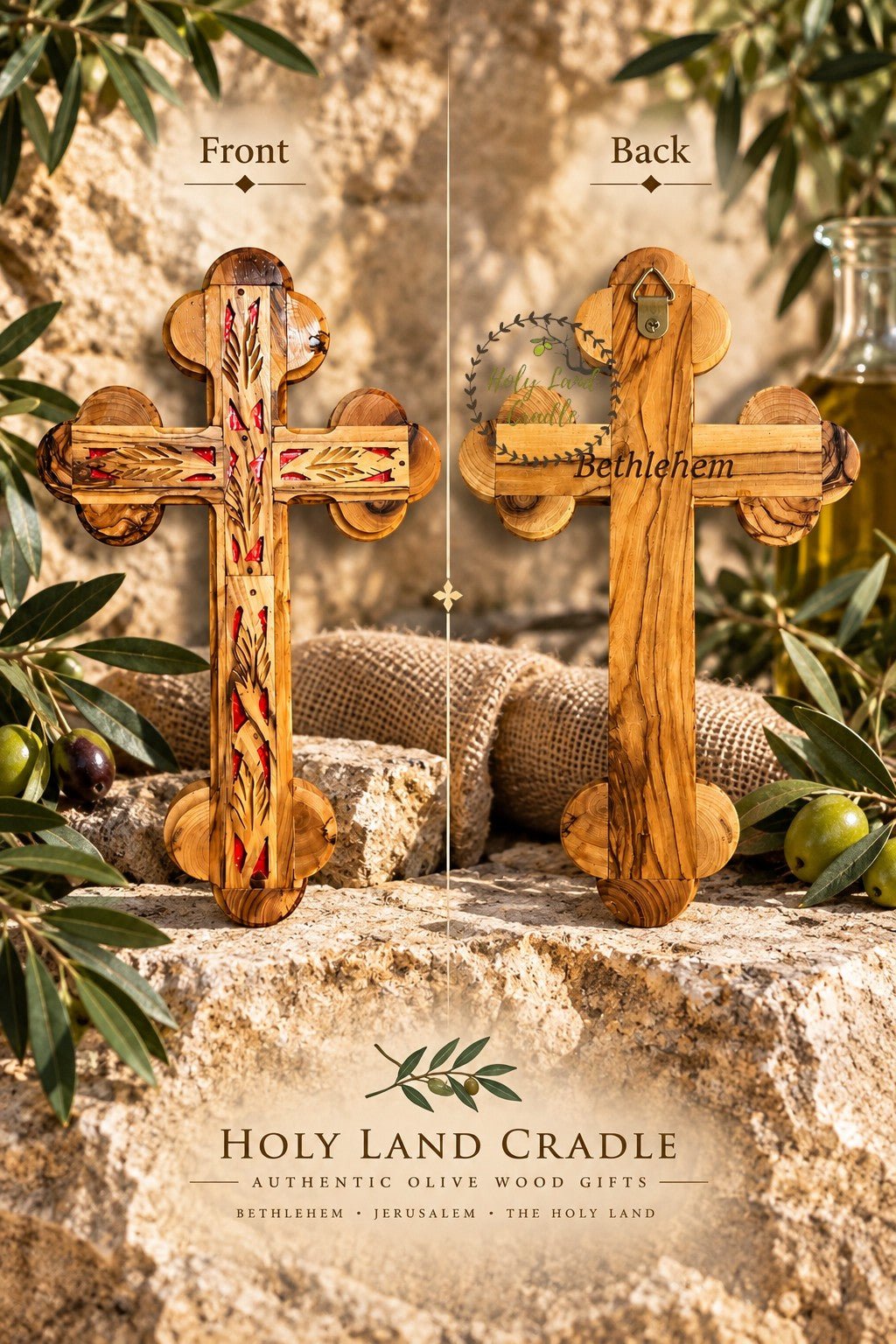 Olive Wood Double Cross with Red Insert and Leaf Carving - Holy Land Cradle