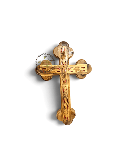 Olive Wood Double Cross with Red Insert and Leaf Carving - Holy Land Cradle