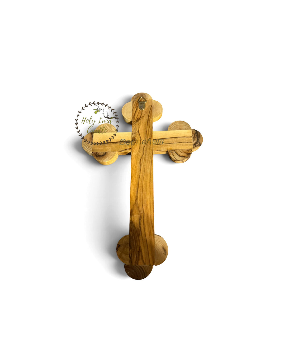 Olive Wood Double Cross with Red Insert and Leaf Carving - Holy Land Cradle