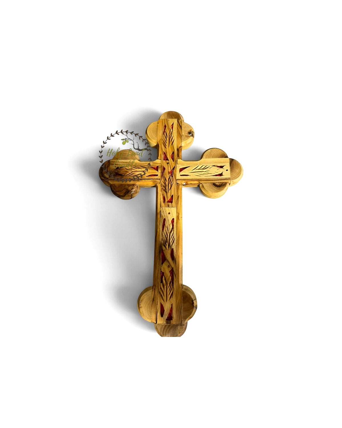 Olive Wood Double Cross with Red Insert and Leaf Carving - Holy Land Cradle