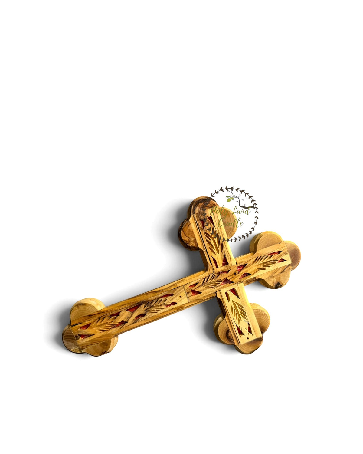 Olive Wood Double Cross with Red Insert and Leaf Carving - Holy Land Cradle