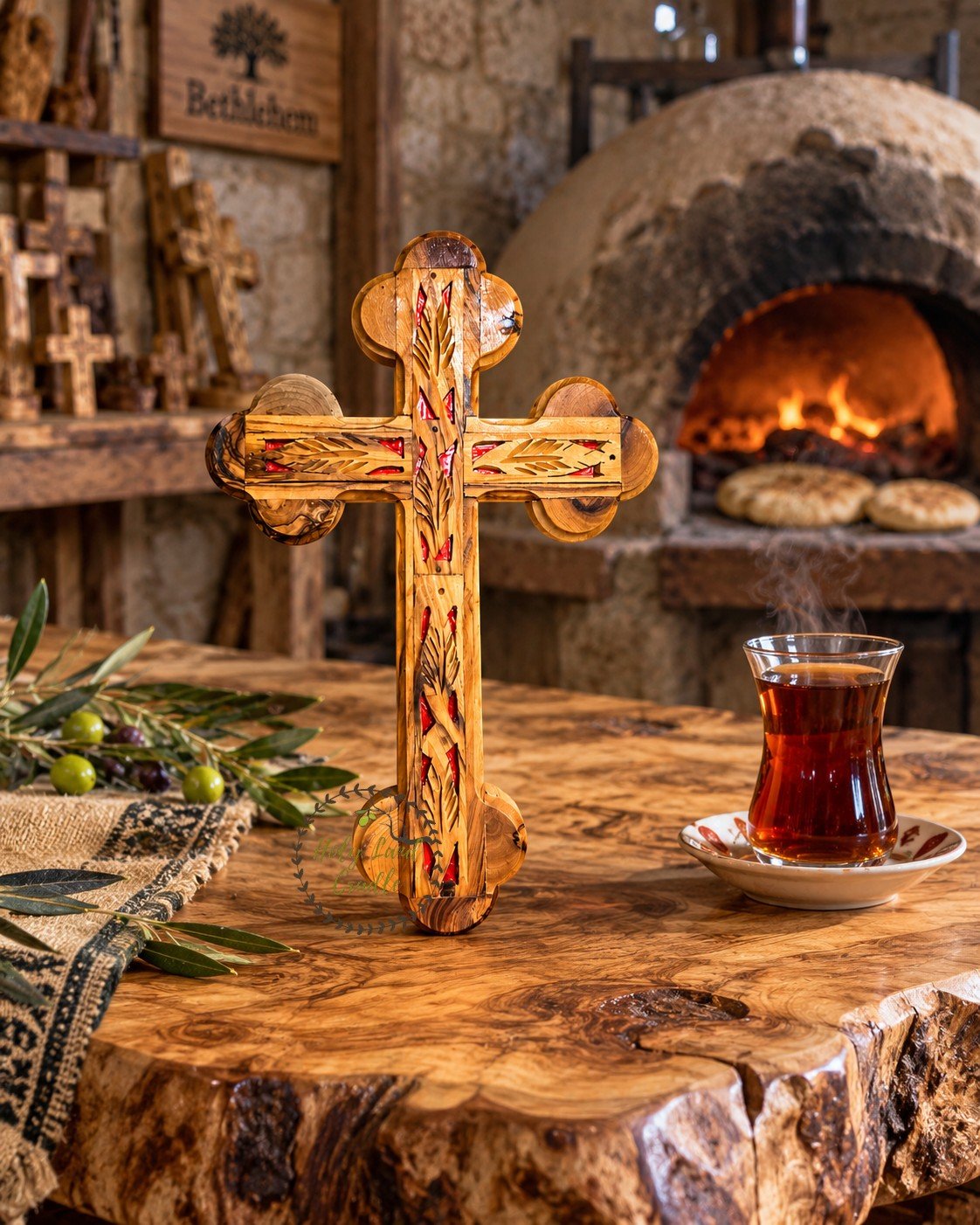 Olive Wood Double Cross with Red Insert and Leaf Carving - Holy Land Cradle