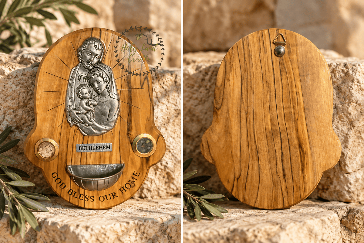 Olive Wood Holy Family Wall Plaque with Holy Water Font - Holy Land Cradle
