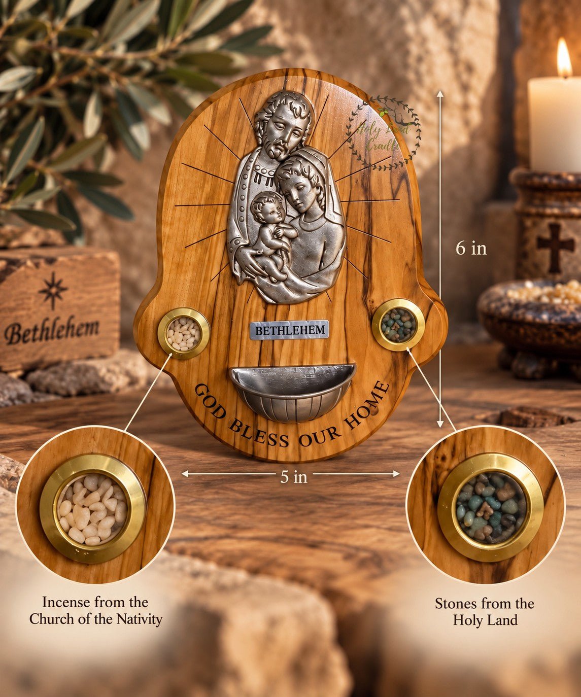 Olive Wood Holy Family Wall Plaque with Holy Water Font - Holy Land Cradle