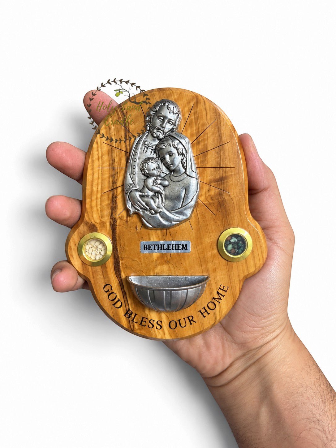 Olive Wood Holy Family Wall Plaque with Holy Water Font - Holy Land Cradle