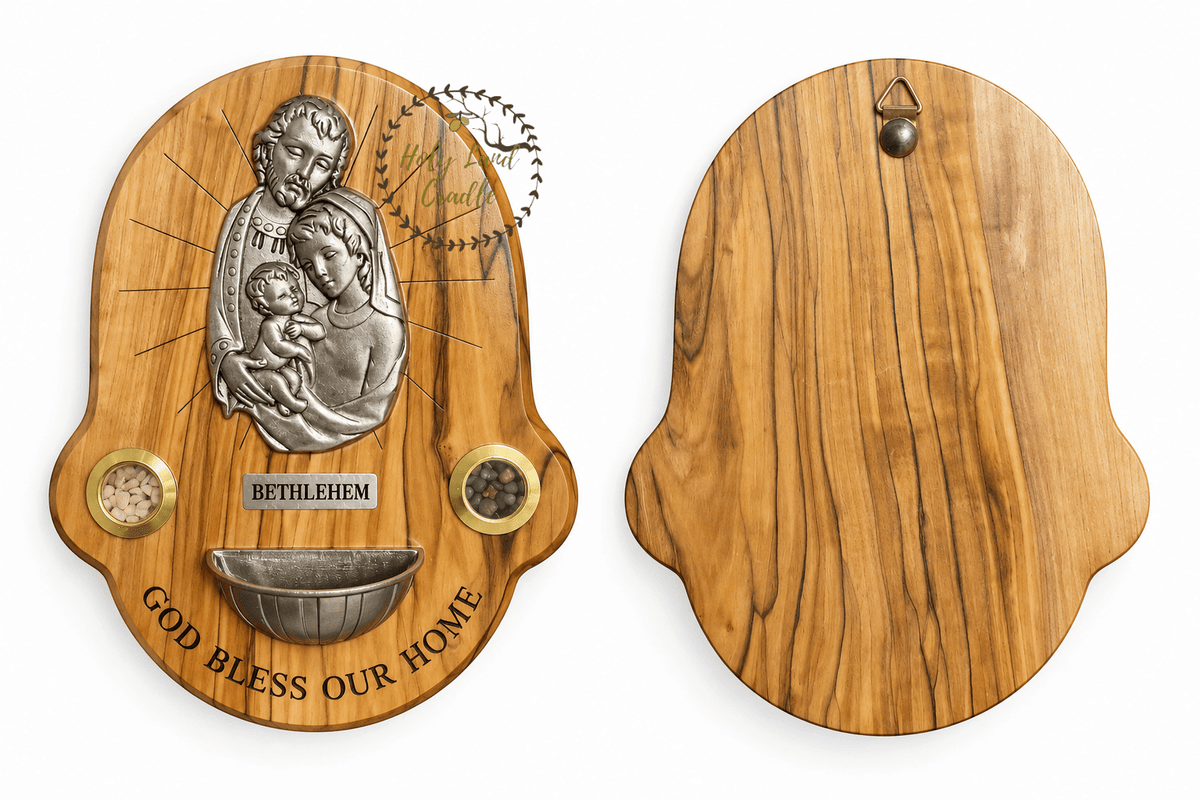 Olive Wood Holy Family Wall Plaque with Holy Water Font - Holy Land Cradle