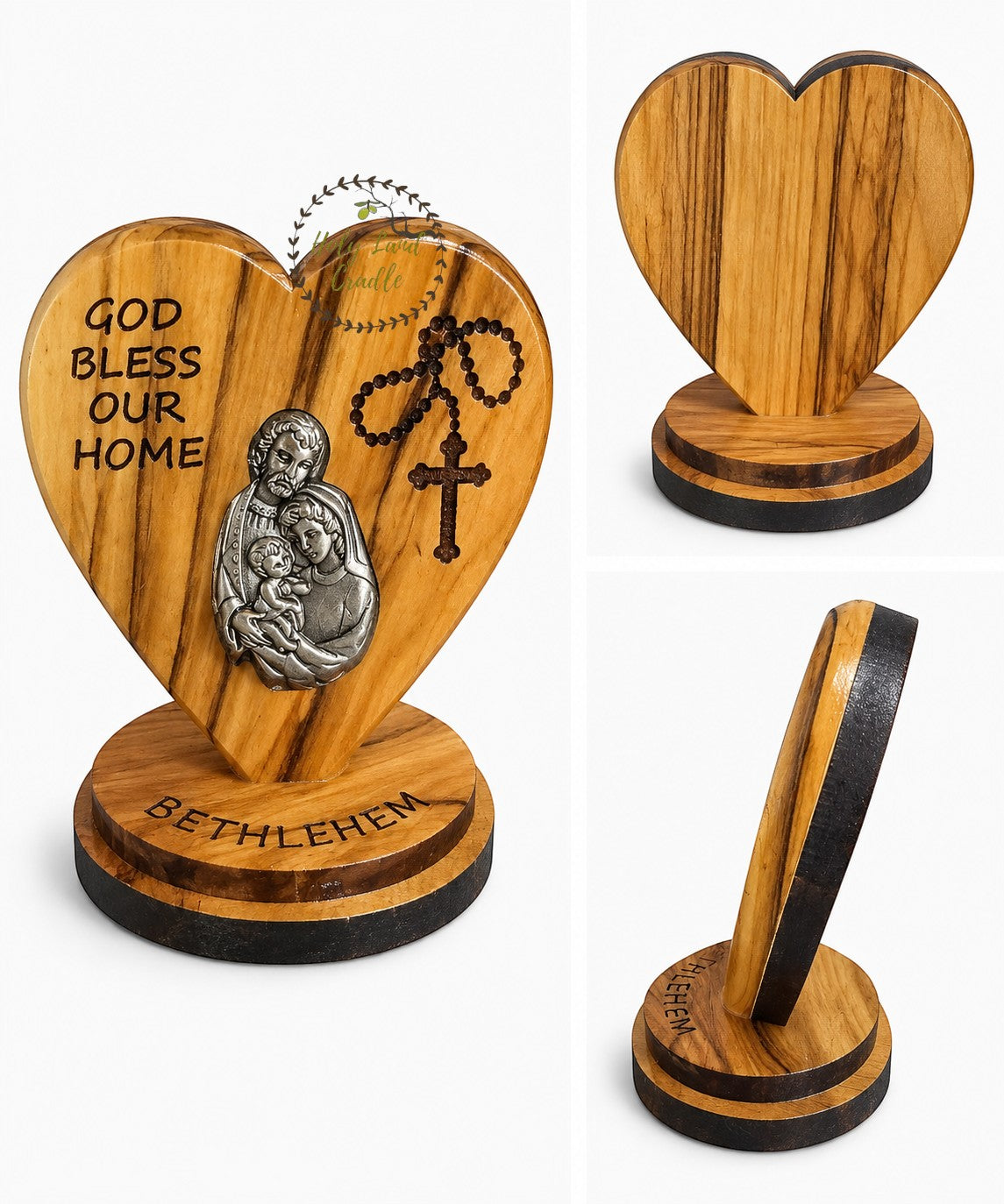 Olive Wood Heart - God Bless Our Home with Silver Holy Land Icon