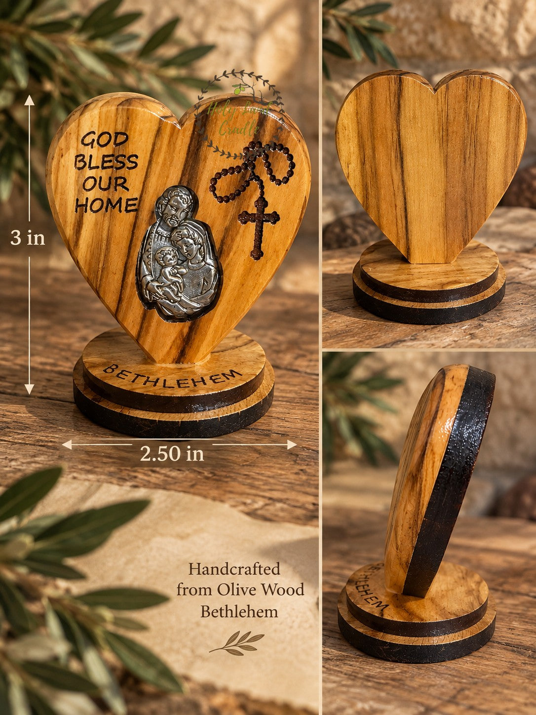 Olive Wood Heart - God Bless Our Home with Silver Holy Land Icon