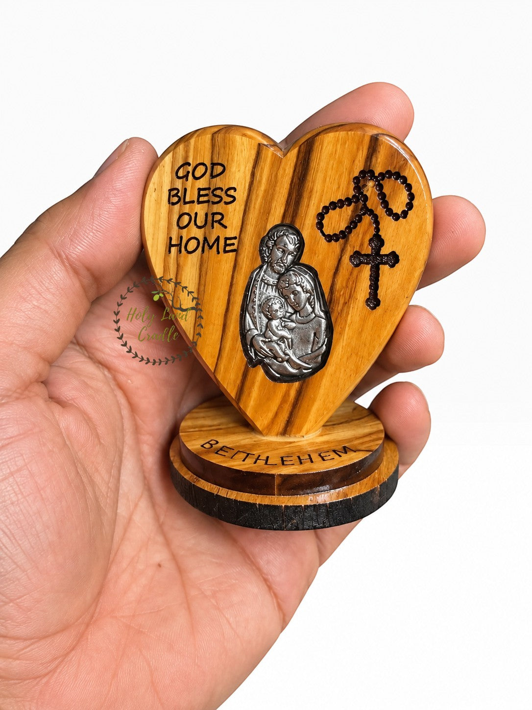Olive Wood Heart - God Bless Our Home with Silver Holy Land Icon
