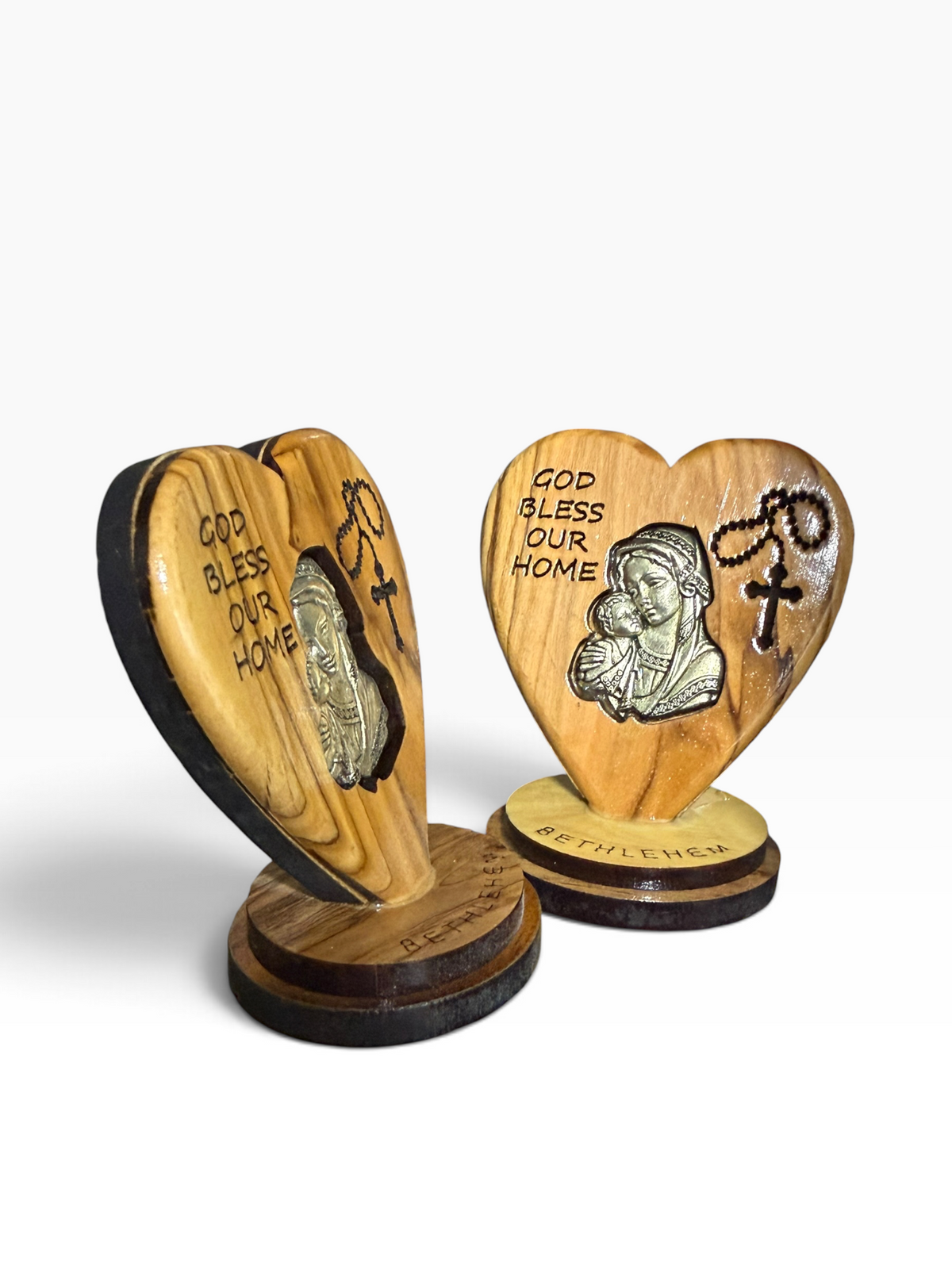 Olive Wood Heart - God Bless Our Home with Silver Holy Land Icon