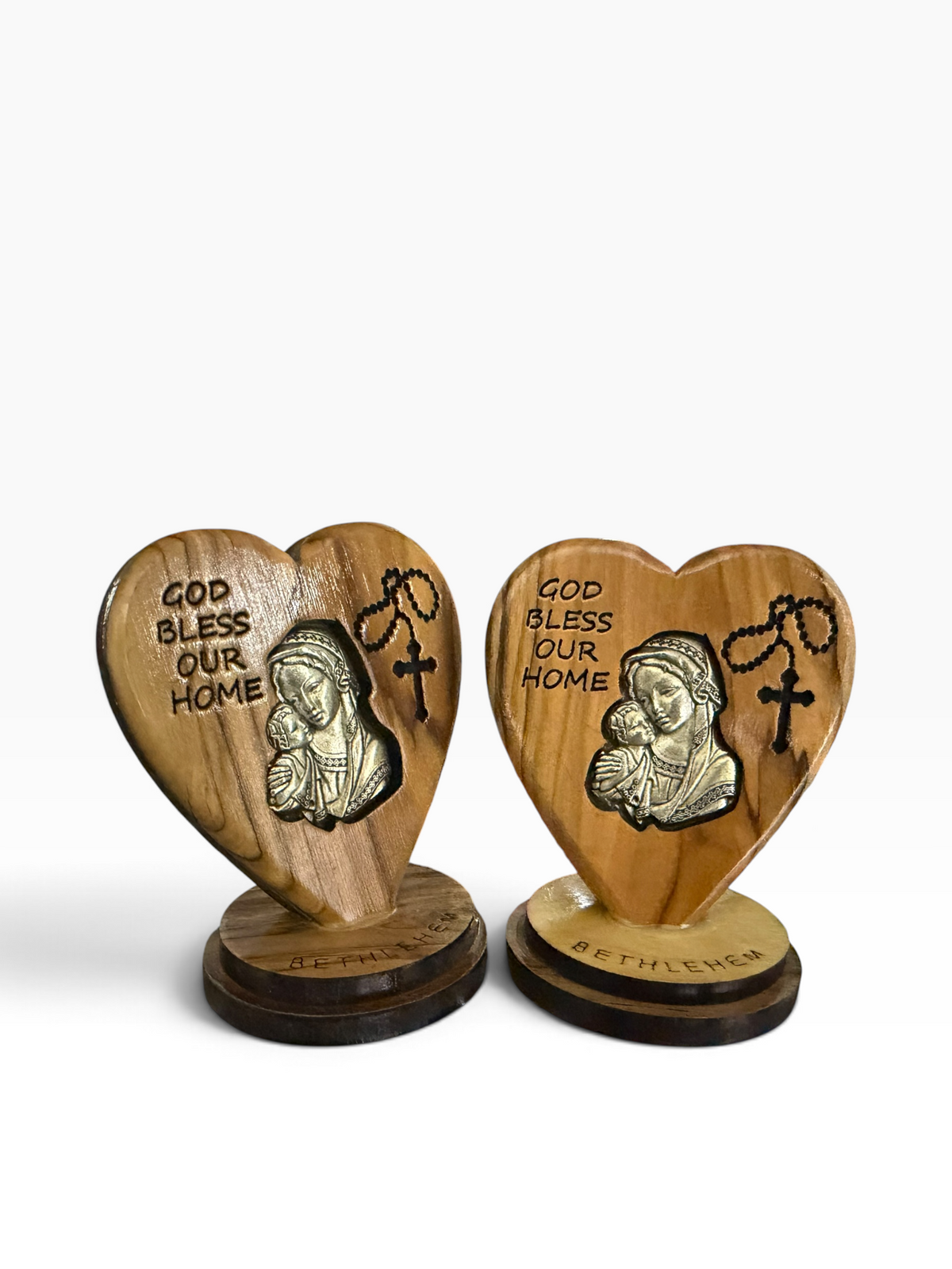Olive Wood Heart - God Bless Our Home with Silver Holy Land Icon
