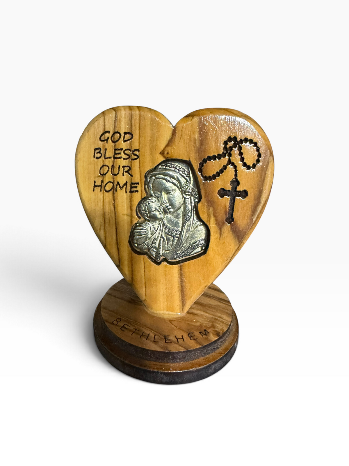 Olive Wood Heart - God Bless Our Home with Silver Holy Land Icon