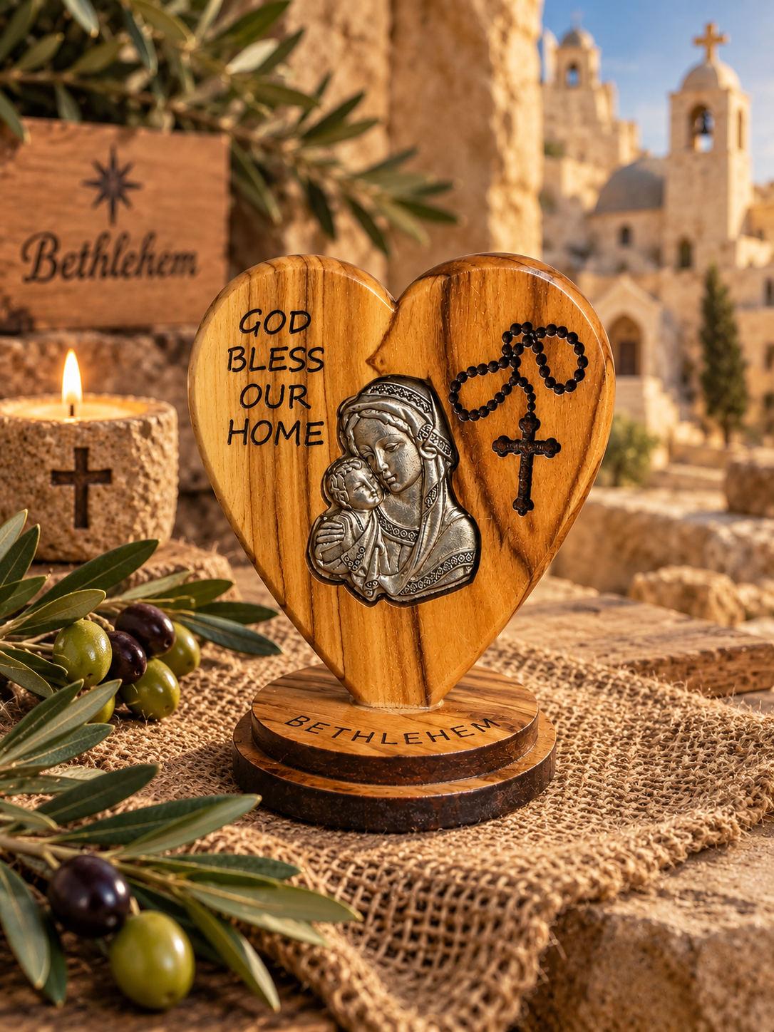 Olive Wood Heart - God Bless Our Home with Silver Holy Land Icon