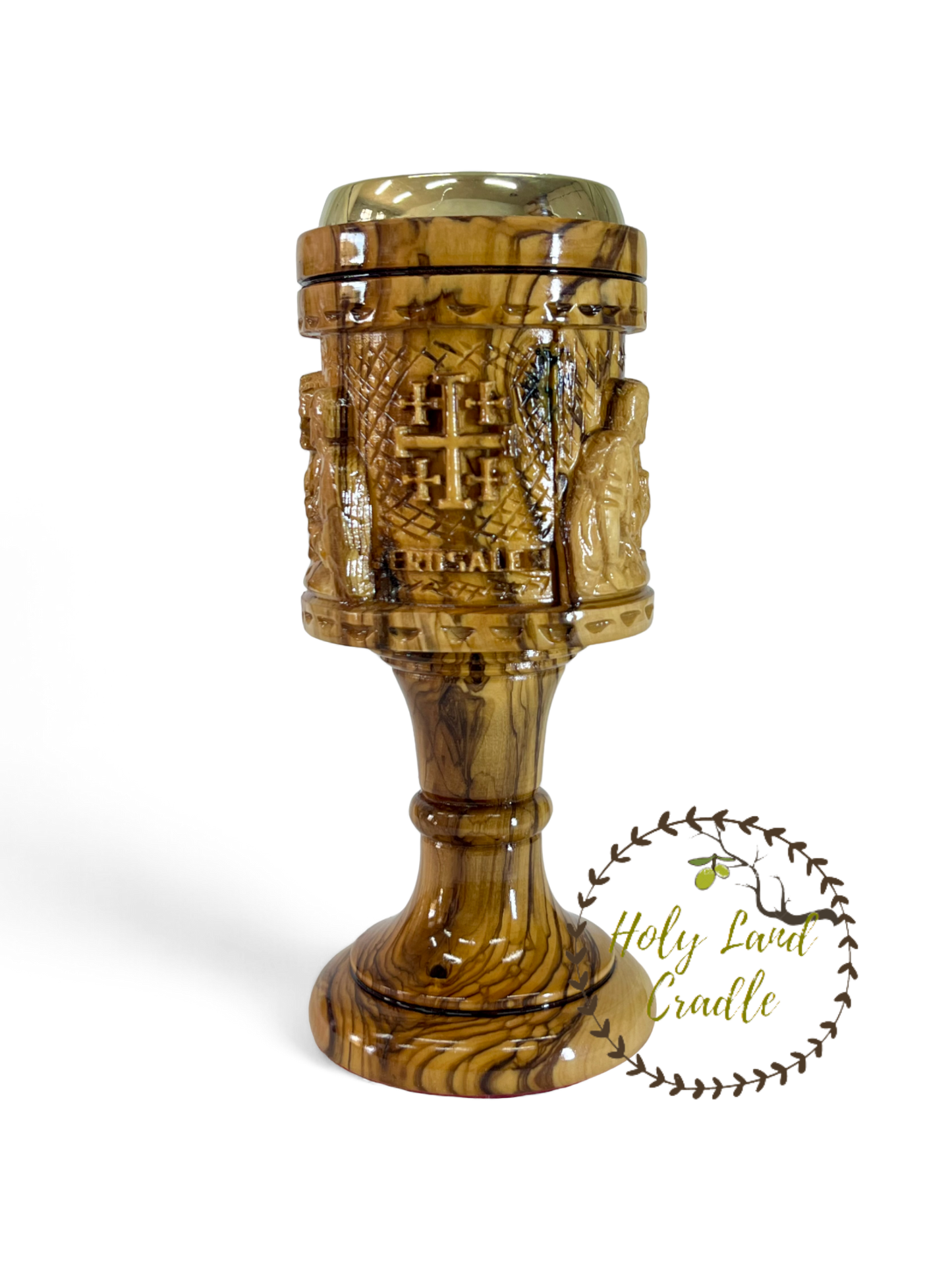 Olive Wood Chalice Last supper & Jerusalem Cross Carved